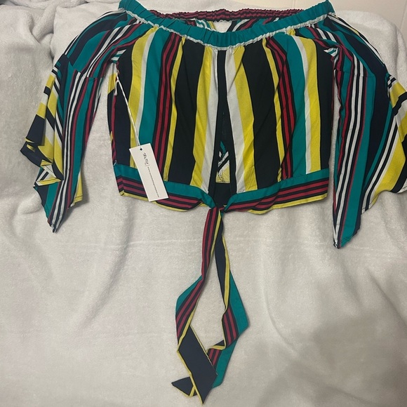Truth NYC Top, Off Shoulder, Striped Blouse, Long Sleeve, Tie Waist - Size S - Picture 6 of 6